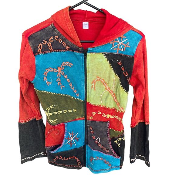 Patchwork Boho Jacket Womens Small Hippie Embroidered Full Zip Hoodie Multicolor - Picture 1 of 8